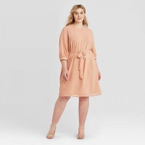 AVA & VIV Peach Floral Art Puff Sleeves Tie Waist Midi Dress Size 1X Lagenlook